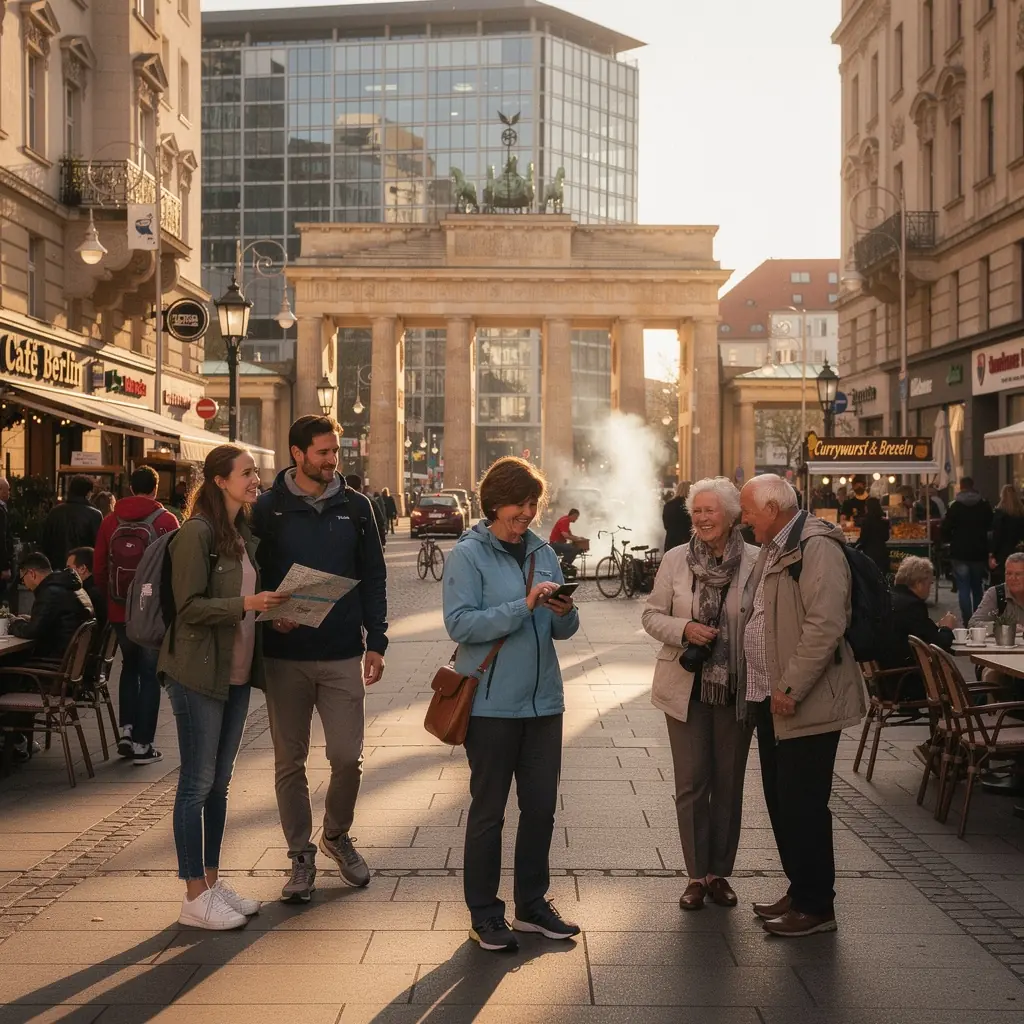 Ein Gruppenfoto von Reisenden, die vor dem Kölner Dom stehen und die Architektur bewundern.
